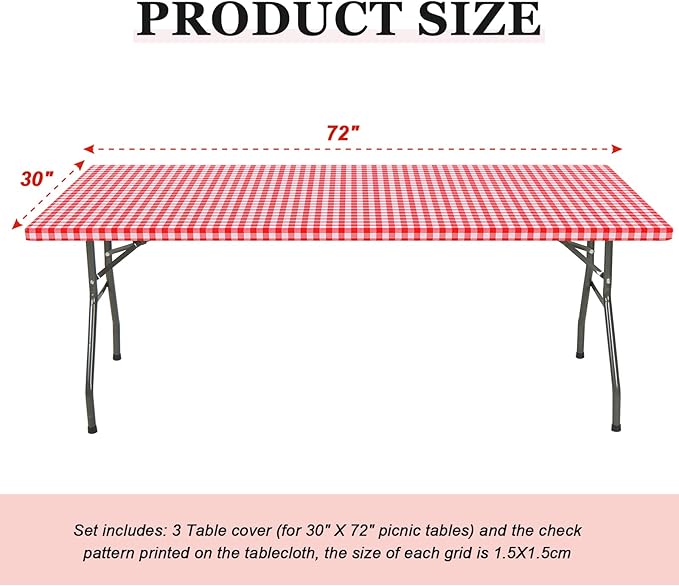 3 Pcs Plastic Picnic Table Cover Checkered Tablecloth Fitted Rectangular Table Cloth 30 x 72 Inch Vinyl Waterproof Flannel Backed with Elastic Rim for Indoor Outdoor Picnic Party