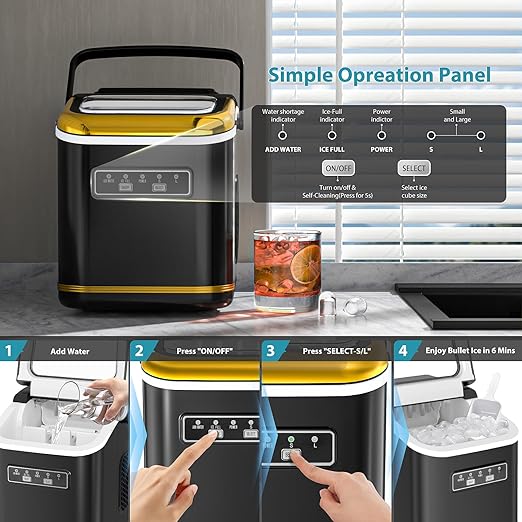 Ice Maker Machine Countertop Portable Compact Small Bullet Ice Maker with Self Cleaning,9 Cubes in 6 Mins,26lbs in 24Hrs, for Camping Dorm Home Outdoor