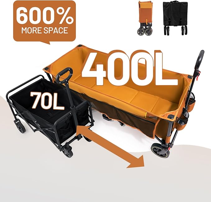 TIMBER RIDGE 51.2'' Extended Collapsible Wagon Cart with Brakes and Cargo Net, 350LBS Heavy Duty Foldable Utility Wagon with Adjustable Handle, 400L Capacity Portable Cart for Camping Sports Shopping
