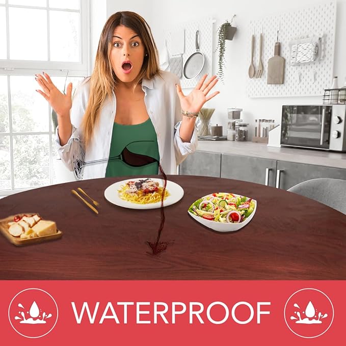 LAMINET Woodgrain Elastic Round Table Cover, Large, Mahogany Wood