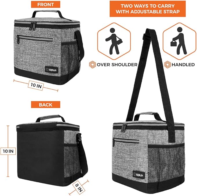opux Extra Large Insulated Lunch Box Men Women, Lunch Bag for Work, Leakproof Soft Cooler Tote Adult, Lunch Pail, Picnic Beach Collapsible Food Bag with Shoulder Strap, Heather Grey