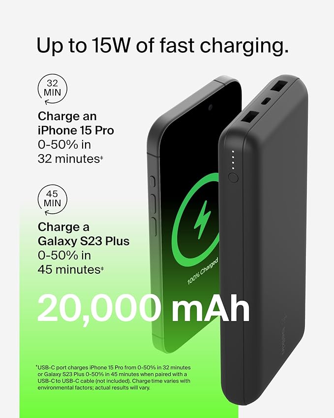 Belkin Portable Charger, USB-C Power Bank 20000 mAh w/ 2 USB-A Ports, 15W w/ Type-A to Type-C Cable for iPhone 17, Air, Pro, Pro Max, Samsung Galaxy S25, Google Pixel 10, etc. - Black