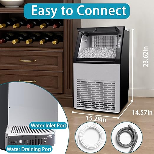 90 lbs/24H Commercial Ice Maker, 36 Cubes/11mins, 20lbs Ice Storage Capacity, Counter Ice Maker Self Cleaning, 24 Hour Timer Stainless Steel Freestanding Ice Maker Machine (100lbs/day)