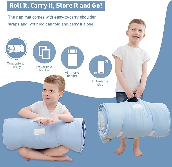 Extra Large Toddler Nap mat by Cokouchyi, Toddler Sleeping Bag with Removable Pillow, Measures 53 x 21 x 1.5 Inches, Sleeping Mat, Ideal for Daycare and Preschool Kindergarten
