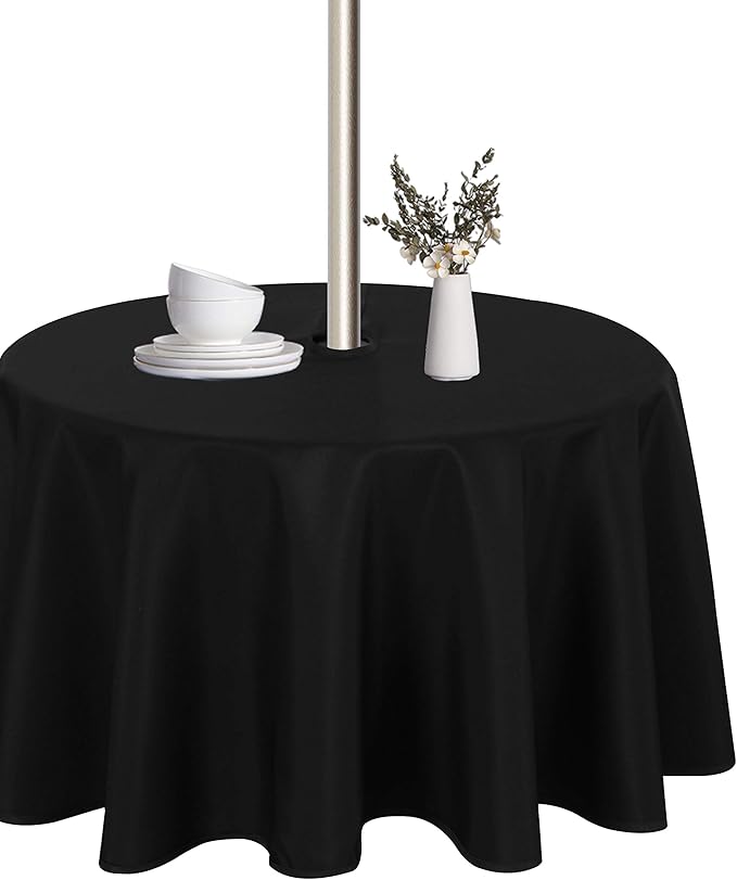 LUSHVIDA Round Outdoor Tablecloth with Umbrella Hole and Zipper, 70 Inch Black, Washable Waterproof Table Cloth Spill Proof Wrinkle Free Table Cover for Patio Spring Summer Picnic BBQS