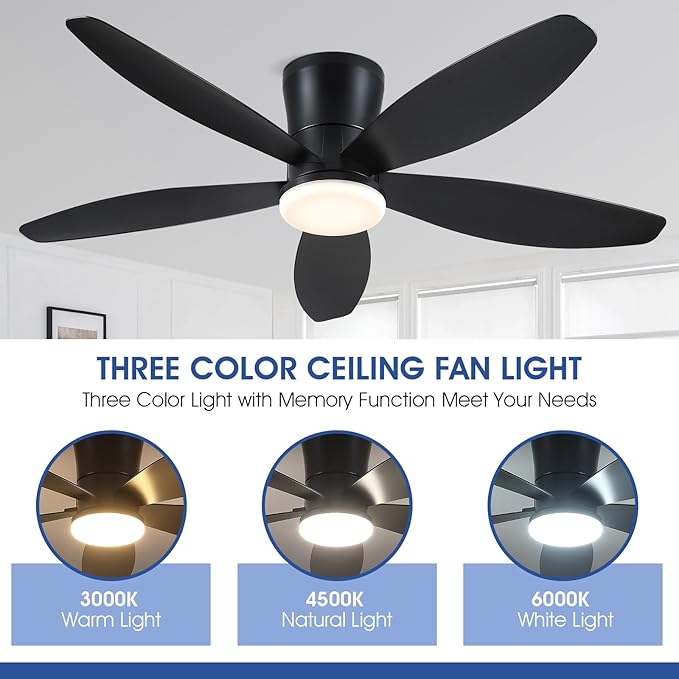 48" Ceiling Fans with Lights-Low Profile Ceiling Fan with Light and Remote/APP Control,Flush Mount,DC Reversible,LED Dimmable Blakc Ceiling Fans for Bedroom,Indoor/Outdoor Patio Use