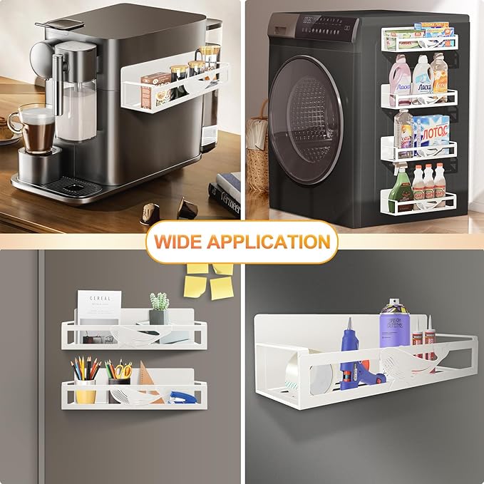 Magnetic Spice Rack for Refrigerator, 4-Pack Metal Seasoning Organizer for Kitchen Storage Organization, Space Saving Magnetic Shelf for Fridge, Pantry, Laundry Room, White