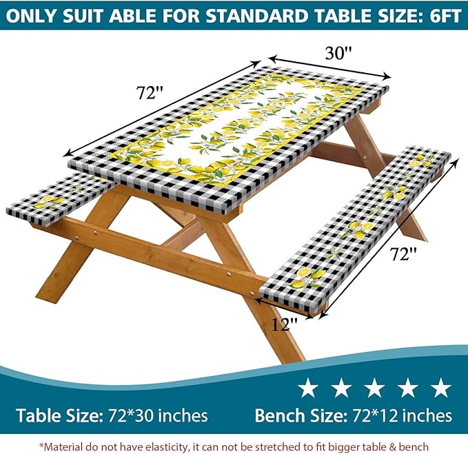 Picnic Table Cover with Bench Covers, Lemon & Black-White Gingham , Elastic Edges, Waterproof Windproof Fitted, for Outdoor Camping Patio Garden, with Drawstring Bag, 72 in