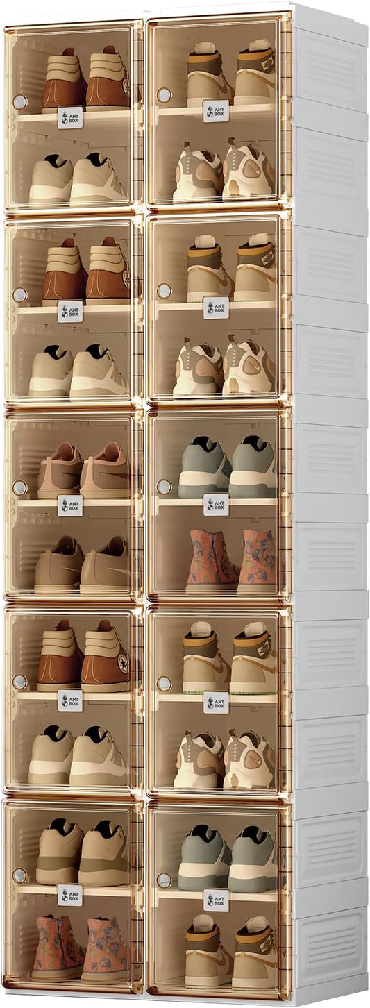 ANTBOX Shoe Organizer Storage Box, Portable Folding Shoe Rack For Closet With Magnetic Clear Door,Large Sneaker Cabinet Bins Sturdy Easy Assembly 10 Layers-20 Grids