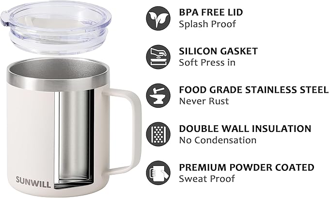 SUNWILL Travel Coffee Mug with Lid, Insulated Tumbler with Handle, 14 oz Stainless Steel Cup for Home, Office, Camping, Powder Coated Cream