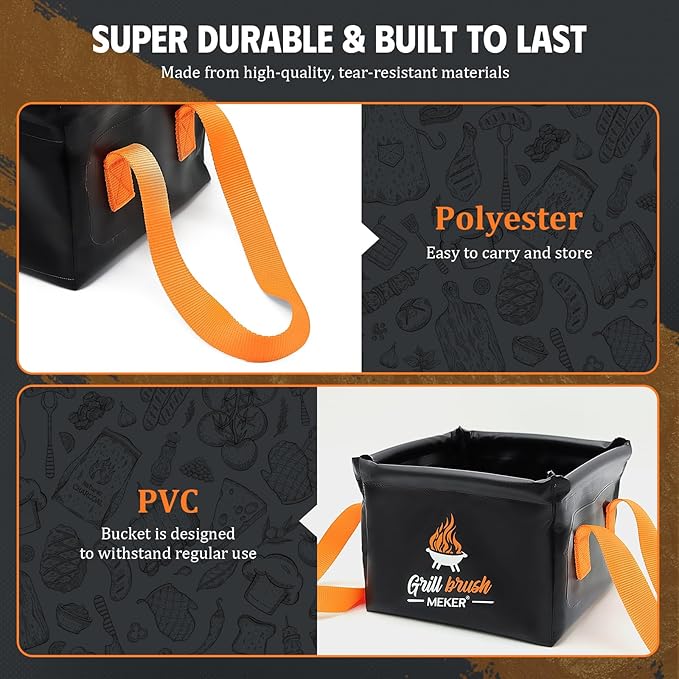 MEKER Grill Brush Bristle Free with Collapsible Bucket, 7 Pcs Grill Cleaner Brush with Durable Foldable Water Tank for Grill Cleaning, Portable Outdoor Grill Bucket, Dunk Tank, Black