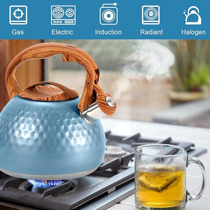 GGC Tea Kettle for Stove Top, Loud Whistling Kettle for Boiling Water Coffee or Milk, 3.1 Quart 3L Heavy Stainless Steel Blue Kettle with Wood Pattern Handle, Unique Button Control Kettle Outlet