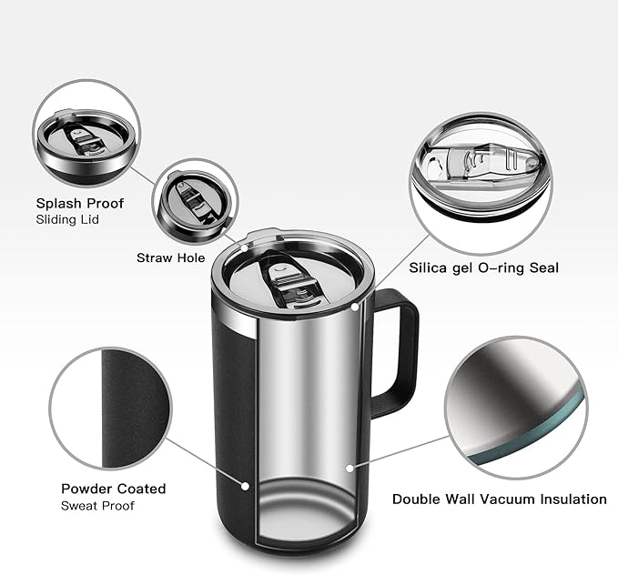 KXIAOCHEN 20oz Insulated Coffee Mug with Lid, Stainless Steel Coffee Cup, Double Wall Vacuum Coffee Tumbler with Handle, Premium Thermal Travel Coffee Mug (Black 2Pack)