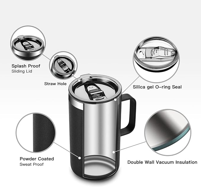 KXIAOCHEN 20oz Insulated Coffee Mug with Lid, Stainless Steel Coffee Cup, Double Wall Vacuum Coffee Tumbler with Handle, Premium Thermal Travel Coffee Mug (Black Purple 2Pack)