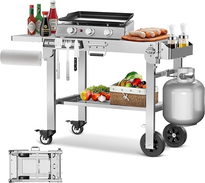 R.W.FLAME Portable Folding Grill & Prep Table with Wheels, Stainless Steel BBQ Stand for Camping, Tailgating & Outdoor Cooking, Rolling Dining Cart for Tabletop Grill, Griddle & Pizza Oven