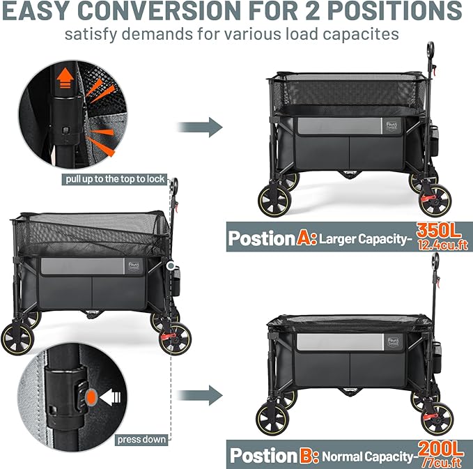 Timber Ridge 350L Extra Large Collapsible Folding Wagon Carts with Brake, Heavy Duty Outdoor Camping Utility Wagons with Extended Height, Adjustable Handle, Cup Holders, Side Bag (Gray)