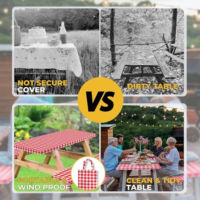 RNOONY Vinyl Fitted Picnic Table Cover with Bench Covers and Bag, 6ft Outdoor Waterproof Picnic Tablecloth with Elastic Edges, 72x30 Inches 3 Pcs Set (Red Checkered)