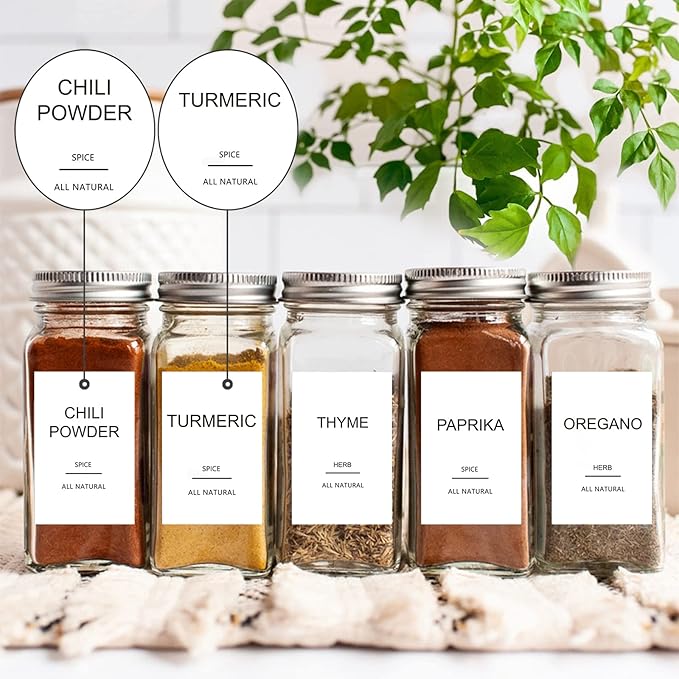 191 Spice Jar Labels Preprinted Minimalist Stickers - White Waterproof Label - Fit Round or Rectangle Spice Jars - Herb Seasoning Kitchen Pantry Labels