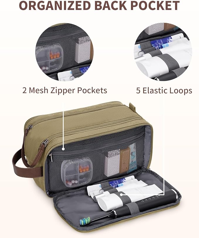 WANDF Toiletry Bag for Men Travel Toiletry Organizer Canvas and Leather Dopp Kit Water-Resistant Shaving Bag for Travel Accessories (Classic Khaki, Large)