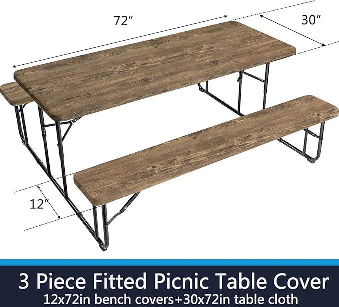 famibay 3 Piece Picnic Table Cover and Bench Covers Waterproof Polyester Camping Table Cover with Elastic Washable Fitted Picnic Table Cover for Rectangle Tables(Wood Grain,12" x72"+30" x72")