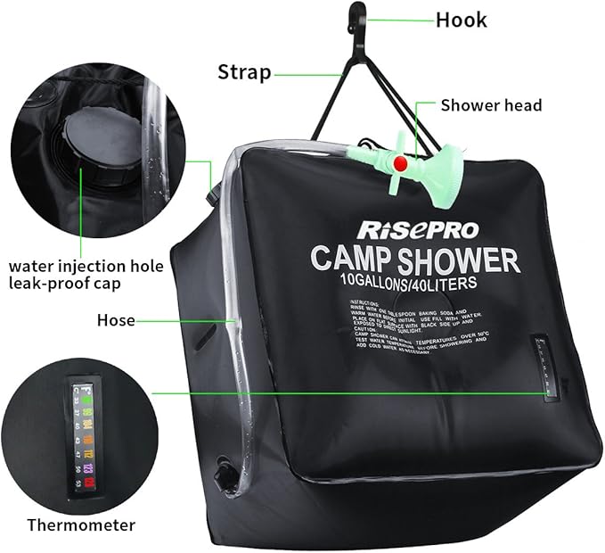 10 gallons/40L Solar Shower Bag Solar Heating Camping Shower Bag with Temperature Hot Water Outdoor Hiking Climbing XH07