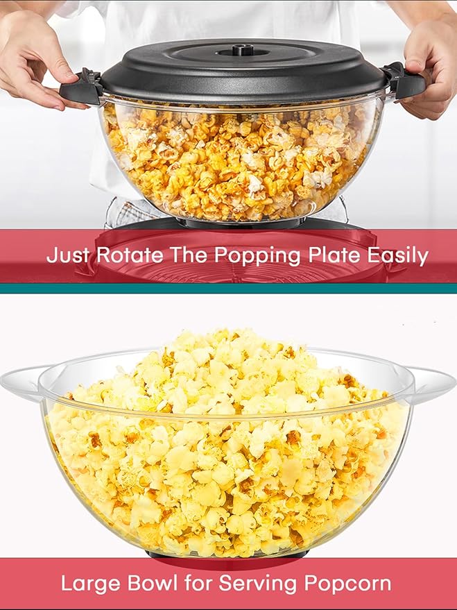 Popcorn Machine, FOHERE 6.3 Quarts Electric Hot Oil Popcorn Popper Machine with Stirring Rod, Large Lid for Serving Bowl and Convenient Storage, Removable & Nonstick Plate, 28Cups, Two Measuring Cups
