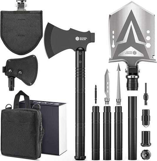 Sahara Sailor Survival Axe, Camping Folding Shovel with Hatchet with Large Shovel Head and 1.6-3.1 Ft Extented Handles, High Carbon Steel Survival Gear Equipment, Storage Bag Included