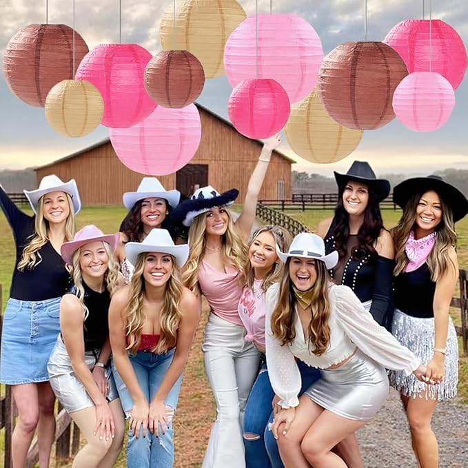 Pink Brown Paper Lanterns Decorative 12pcs Party Hanging Decorations for Western Cowgirl Party Birthday Retro Rodeo Party Supplies for Girls Baby Shower Western Room Decor