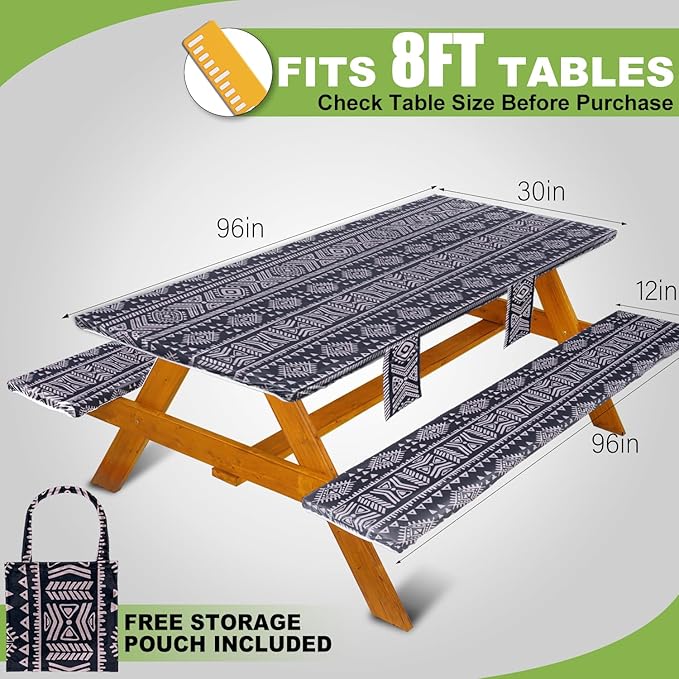 Picnic Table Cover with Bench Covers Vinyl Elastic Edges Fitted Rectangle Seat Tables Waterproof 3-Piece96X30in Set Outdoor Rectangular Folding Backing Tablecloth for Camping Over SizeTie-Dye 116