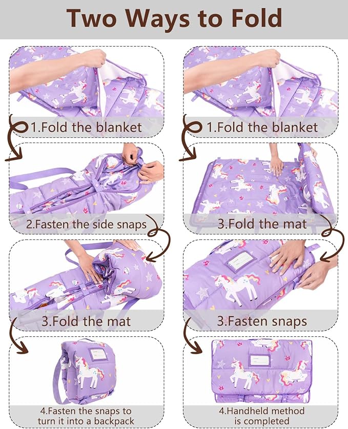 Primlect Toddler Nap Mat with Removable Pillow and Flannel Blanket, Portable Kids Sleeping Bag, Easy to Carry on The Go, Perfect for Daycare, Preschool, Boys and Girls, 12 Months - 6 Years