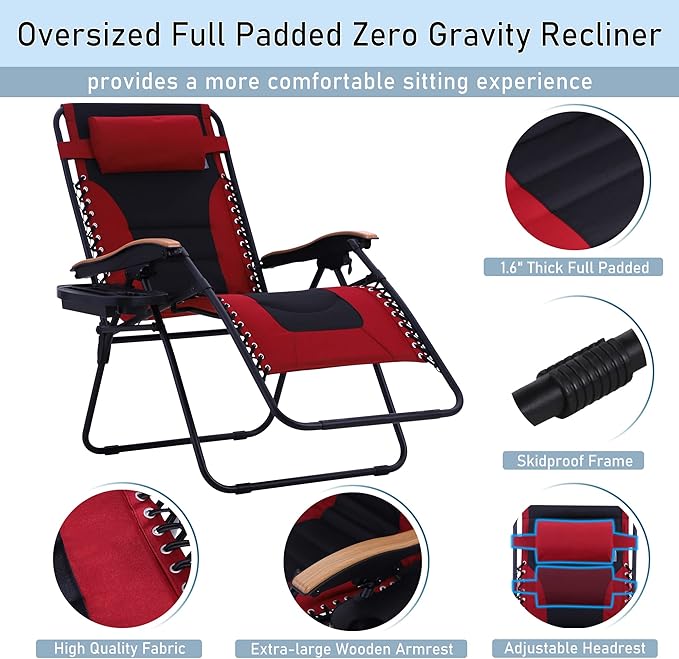 PHI VILLA XXL Oversized Padded Zero Gravity Chair, Foldable Patio Recliner, 30" Wide Seat Anti Gravity Lounger with Cup Holder, Set of 2, Support 400 LBS (Red)
