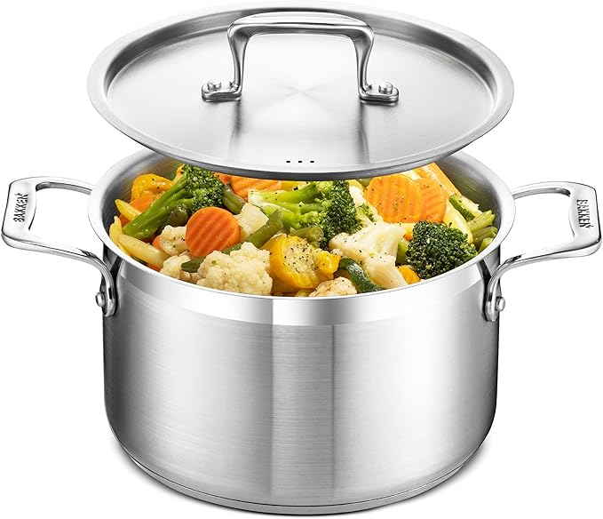 Stockpot – 5 Quart – Brushed Stainless Steel – Heavy Duty Induction Pot with Lid and Riveted Handles – For Soup, Seafood, Stock, Canning and for Catering for Large Groups and Events by BAKKEN