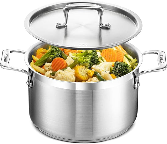 Stockpot – 5 Quart – Brushed Stainless Steel – Heavy Duty Induction Pot with Lid and Riveted Handles – For Soup, Seafood, Stock, Canning and for Catering for Large Groups and Events by BAKKEN