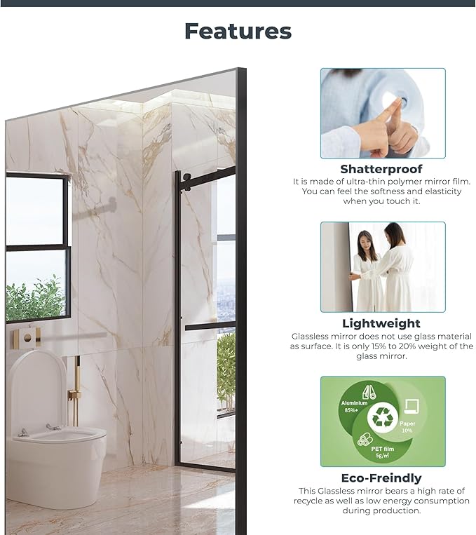 Fab Glass and Mirror Glassless Shatterproof Floor Length Mirror for Home Gym and Dance Studio, Unbreakable and Easy to Install 32" X 48" Chrome