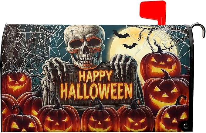 Happy Halloween Skeleton Mailbox Cover Magnetic Standard Size 21x18 inch Spooky Pumpkin Full Moon Post Letter Box Wrap Happy Holiday Dust-Proof Postbox Covers Protection for Home Outdoor Garden Yard