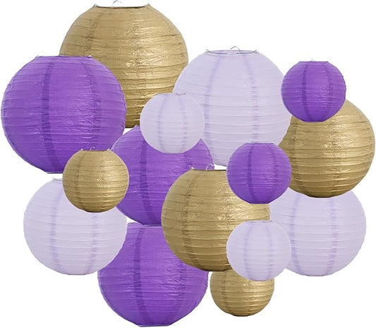 BEISHIDA 16 Pcs Purple Gold Paper Lanterns,Hanging Decorative Chinese Japanese Round Paper Lantern Lamp for Graduation Bachelorette Birthday Party Decoration