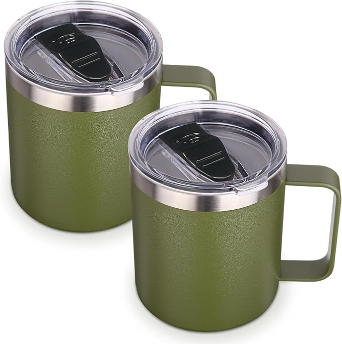 Volhoply 14oz Insulated Stainless Steel Coffee Mug with Lid Bulk 2 Pack,Double Wall Vacuum Travel Coffee Cup with Handle,Reusable Cups Tumbler,Camping Mugs Keep Hot,Ideal Gifts(Army Green,2)