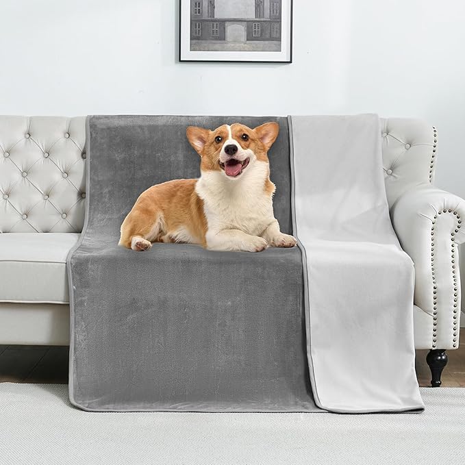 SOCHOW Waterproof Blanket for Bed Sofa Couch, Water Resistant Blanket Washable 80"x90", Reversible Leakproof Bed Cover for Adults Elderly Pets, Grey & Light Grey