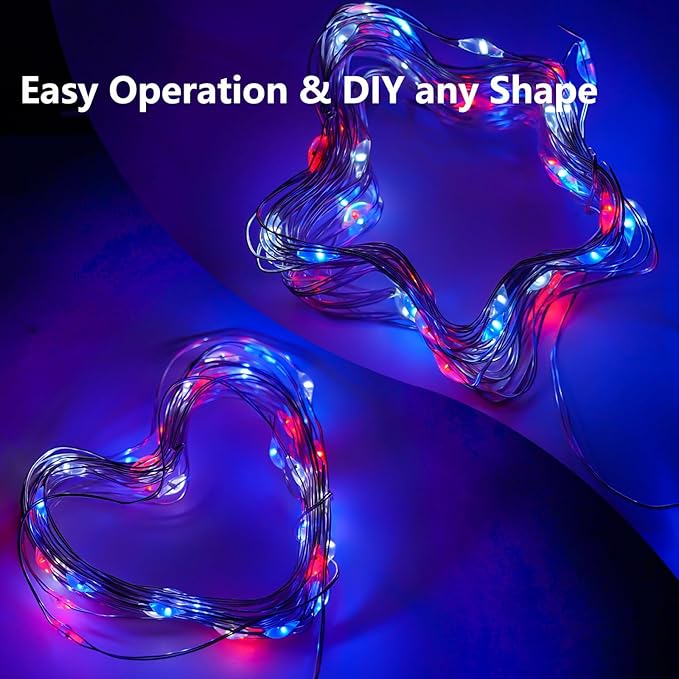 4th of July Decorations, 4-Pack Red White and Blue Fairy Lights Battery Operated with Timer, Waterproof 16FT 50 LED Starry String Lights Indoor Outdoor for Independence Day Memorial Day DIY Home Decor