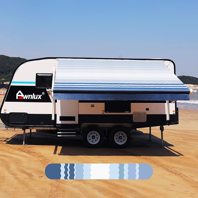 AWNLUX RV Awning Fabric Replacement - Waterproof Vinyl Sun Shade Screen for Camping - Universal Fit UV Blocker Canopy Shelter - Blue Strip 11' (Fabric 10'2")
