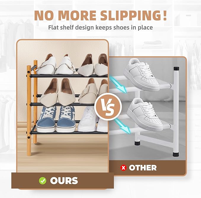 STORAGE MANIAC Expandable Shoe Rack, 16 Pairs Stackable Small Shoe Rack, Metal Adjustable Shoes Organizer for Closet, Entryway, Hallway, Garage, Front Door, Shoes Shelves, Bamboo 4 Tier