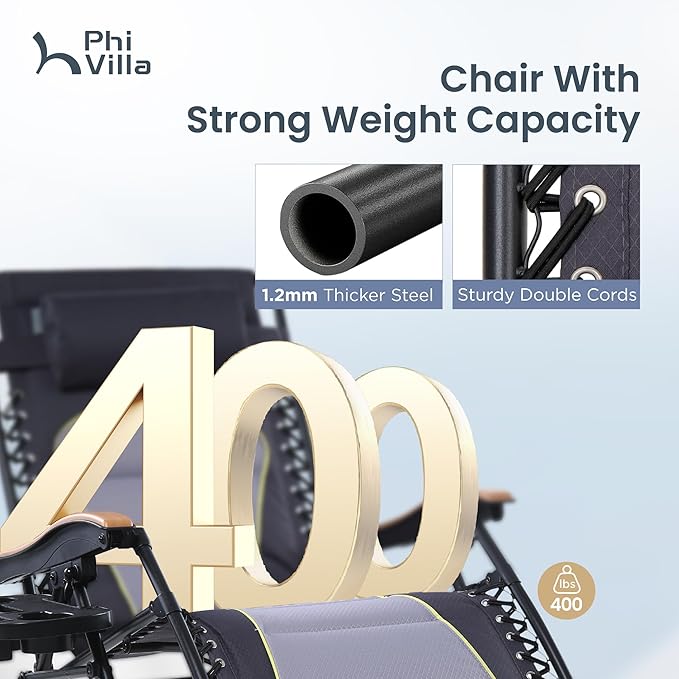 PHI VILLA XXL Oversized Padded Zero Gravity Chair, Foldable Patio Recliner, 30" Wide Seat Anti Gravity Lounger with Cup Holder, Support 400 LBS (Gray Accent)
