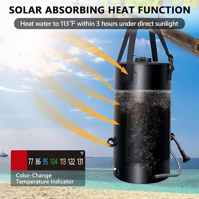 Solar Shower Bag, 5 Gal/3 Gal Solar Heating Camping Shower Bag, On-Off Switchable Shower Head, Portable Shower with Thick Tarpaulin for Camping, Surfing, Outdoor Traveling, No Tear & Leak