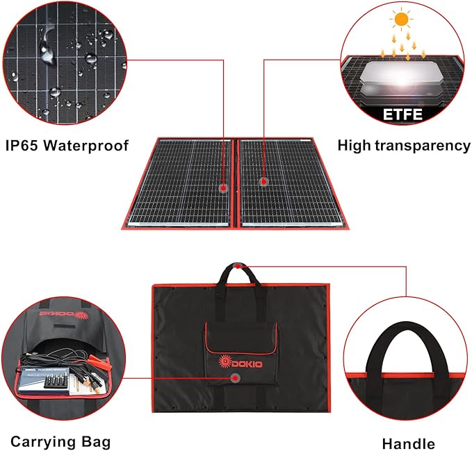 DOKIO 100W Portable Foldable Solar Panel Kit, Compact 21x28in Design 5.9lb with Standalone Controller and USB, Monocrystalline Charger for 12V Batteries, Power Stations, RV Camping Emergency Use