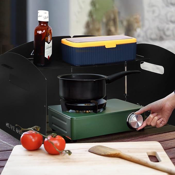 Black Camping Stove Windscreen 4 Plates Steel Camp Stove Windscreen Folding Outdoor Picnic Cooker Stove Wind Screen Windshield with Drawstring Bag for Camping, Hiking, Picnic, Backpacking, Cooking