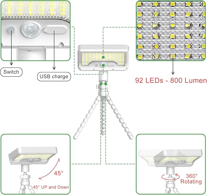 Tryme 92 LED Solar Lights Outdoor Waterproof with Motion Sensor, Octopus Stand, Adjustable Angle, Optical Diffuser Lens, 3 Modes, USB & Solar Powered, Fence Lights for Garden, Gate (1 Pack)