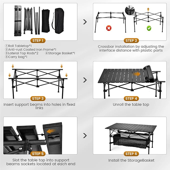 Lightweight Aluminum Folding Camping Table (47” x 21.65” x 26.7”), Portable Roll-Up Design for Outdoor, Camping, Beach, BBQ, Patio, and Picnic, Durable & Waterproof with Carrying Bag