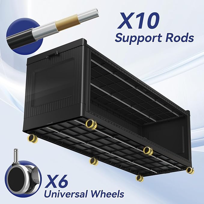 240GAL Extra Large Stackable Storage Bins with Lid, 960QT Plastic Closet Organizer and Storage Cabinet with Wheels and Doors, Folding Storage Box Container for Home Organization, 3Pack Black