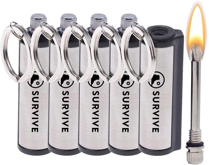 SURVIVE Permanent Match, Pack of 5, The Forever Lighter, Emergency Fire Starter Striker Set, Metal Keychain Unlimited Waterproof Stick