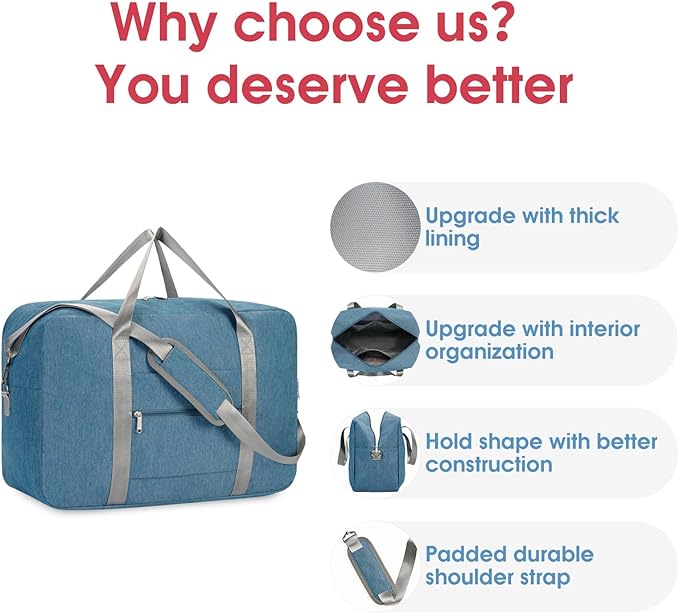 Carry on luaggage 22x14x9 Airlines Approved Foldable Carry on Bag Travel Duffel Packable Duffle Overnight for Women and Men 40L (Navy Blue)